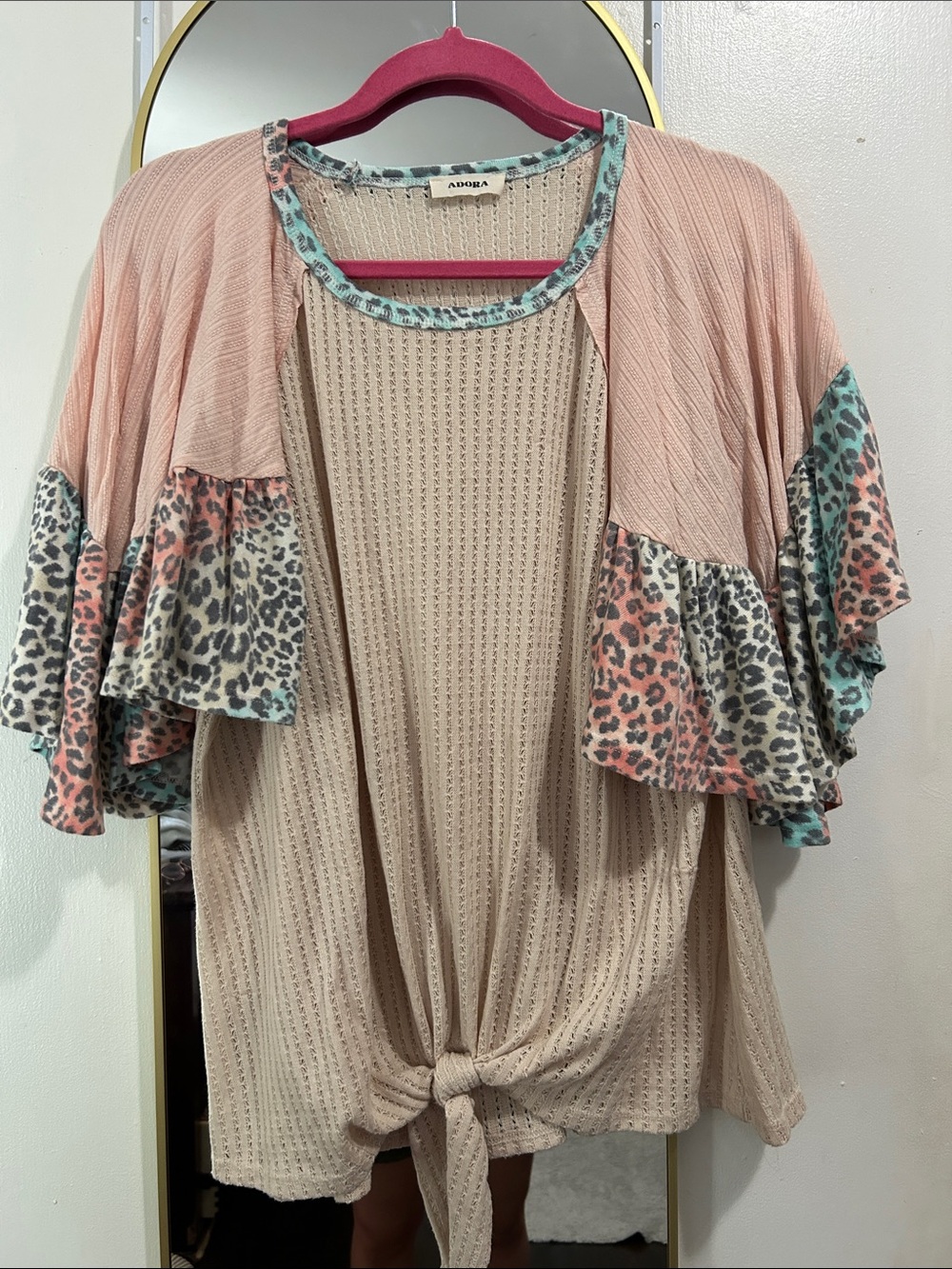 ADORA Blush Pink Knit Tie-Front Tunic with Coral & Mint Leopard Ruffle